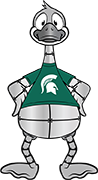 Cyber Goose. A friendly robotic goose wearing a green jersey with the Spartan logo.